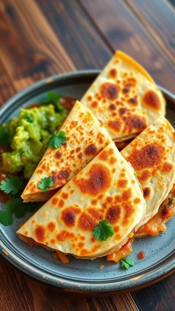 A crispy quesadilla with melted cheese and colorful fillings, served with guacamole and salsa on a wooden table.